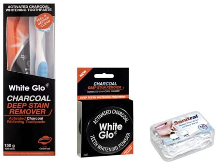 White Glo Charcoal Deep Stain Remover Whitening Toothpaste +White Glo Charcoal Polishing Powder Deep Stain Remover Whitening +Sanitral Dental Floss (Set of 3)