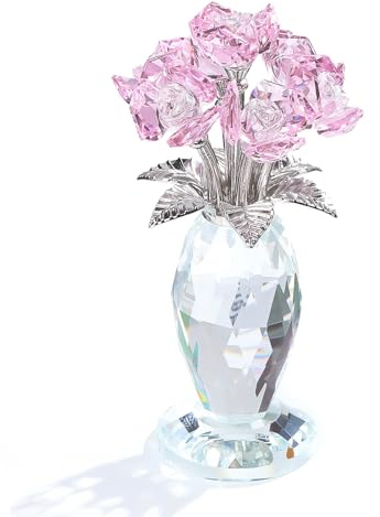 Movdyka Crystal Pink Rose Bouquet Figurines Gifts for Women Romantic Flowers Ornament for Home Decor Anniversary Birthday Valentine's Day Presents for Girlfriend Wife Partner