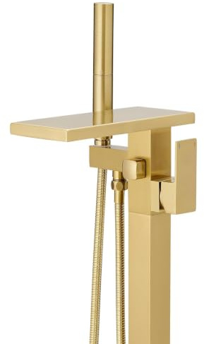 Hoimpro Tub Filler Freestanding Bathtub Faucet Brushed Gold Floor Mount Tub Faucet Waterfall Bathtub Filler with CUPC Certified High Flow Brass Bath Shower Faucets with Handheld Sprayer