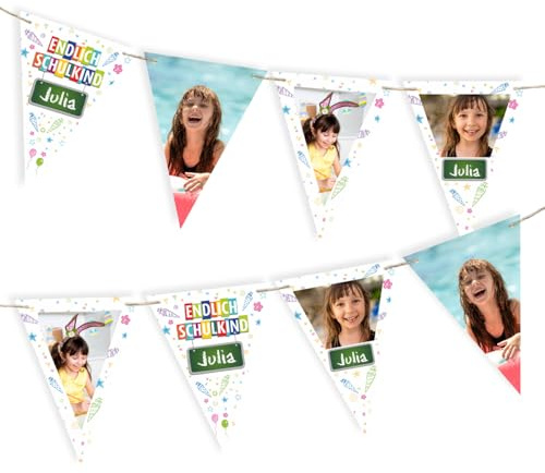 Striefchen® personalisierte Wimpelkette zum Schulanfang, Dekoration, Geschenkidee (Hell 3 Fotos)