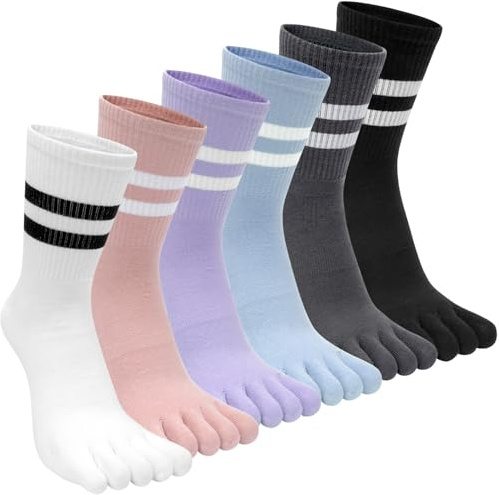 Calcetines Mujer Cinco Dedos Calcetines Deporte Rayas Chica Separados Pies Calcetines de Algodón Raya Colorido Motivo Diseños Calcetines Para Yoga Deportes Gimnasia Tenis (Talla: 35-40) - 6 Pares