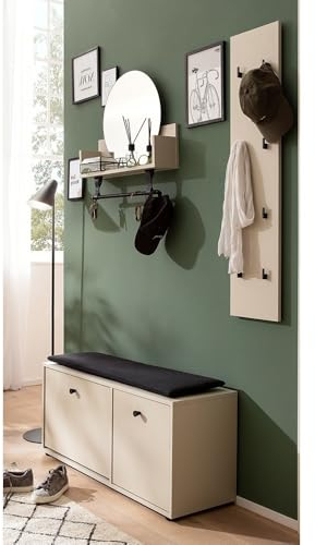 Lomadox Garderoben Set Flurgarderobe Creme beige Schuhbank inkl. Sitzpolster Wandregal mit Spiegel Garderobenpaneel modernes Design