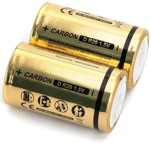 Lot de 2 Piles Carbone-Zinc Type R20 D 1,5 V, idéales pour Jouets, télécommandes et appareils à Faible consommation.