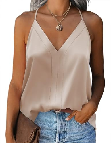 Zeagoo Womens Silk Tank Tops Stain V Neck Cami Vest Summer Basic top Elegant Sleeveless Blouse with Soft Adjustable Strap Shirts Champagne M