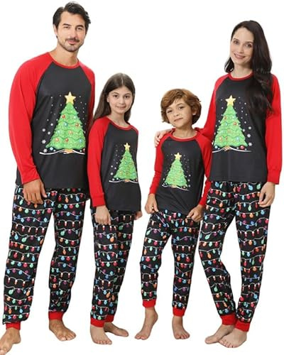 Kouric Matching Christmas Pjs for Family-Family Christmas Pyjamas Set-Christmas Pajamas for Family, Christmas Pyjamas with Xmas Tree and String Lights,Xmas Pjs for Couples Adults Kids DCSDS-B-65