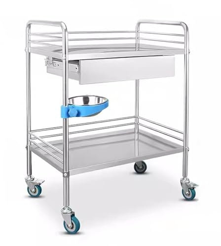 SXTYFBB Medizinischer Wagen mit Rädern, 2-lagiger Laborwagen, Edelstahlwagen mit Schublade, Tragkraft 220 lbs, Kosmetikwagen für Labor, Klinik, Krankenhaus (61 x 41 x 91 cm)
