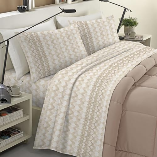 Banzaii Completo Lenzuola Singolo Invernale in Flanella Felpate 100% Cotone Anti-Pilling 1 Piazza Simona Beige