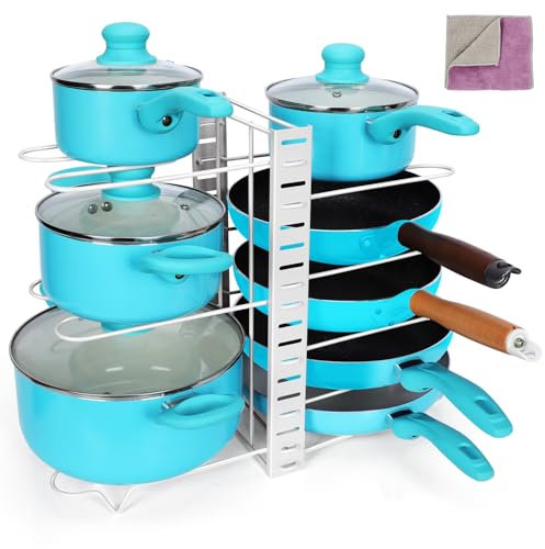 Myiosus Porta coperchio pentole, porta padella con 3 metodi fai da te, organizer per padelle con 8 scomparti regolabili, organizer per vasi per armadi, pentole, coperchi, invia 1 panno per la pulizia,