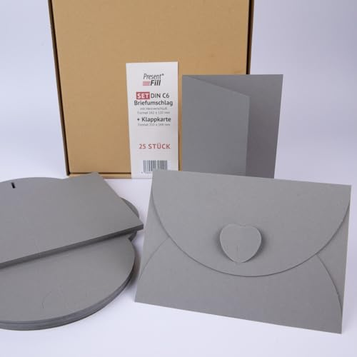 PresentFill® - blanko Falt-Karten inkl. Briefumschläge mit Herz Verschluß - 50er Set - Schiefer Grau - Klappkarten zum selbst gestalten, beschriften oder bedrucken - DIN A6 / C6
