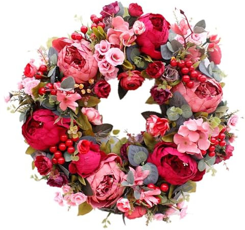 Corona decorativa para puerta, corona de flores de seda con cabeza de peonía, corona de flores de 40 cm, guirnalda hecha a mano para otoño e invierno, exhibición al aire libre, color rojo