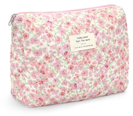 Trousse de maquillage en coton, trousse de toilette de voyage, sac de maquillage matelassé floral, Couleur 01, Motif floral