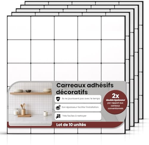 AMARA DECO - 10 Unidades Azulejos Adhesivos Cocina y Baño 30x30cm. Baldosas Adhesivas Pared con Efecto Azulejo 3D, Impermeables, Resistentes al Calor y Fáciles de Limpiar (Cuadrados, Blanco/Negro)