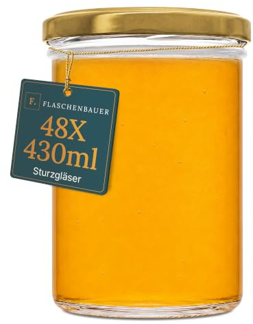 Flaschenbauer - Sturzgläser 430ml 48er Set - Einmachgläser mit Deckel TO82, Schraubgläser, Marmeladengläser, Einkochgläser zur Aufbewahrung, mit Twist-Off-Deckel - Made in Germany (Deckel Gold)