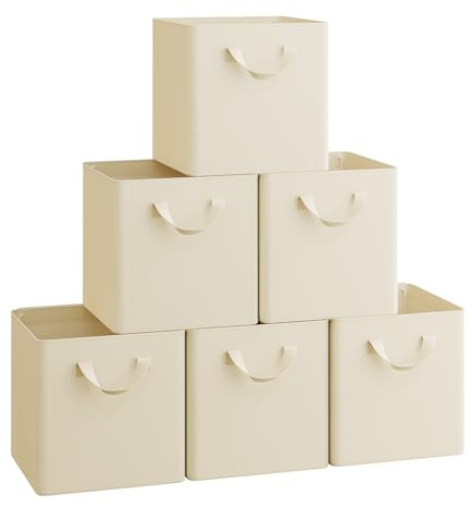 WOLTU Set di 6 Cubi di Tessuto, Scatole Ripiegabili da Ripiano con Telaio in Metallo e Maniglia, Crema, 32,5x32,5x31cm