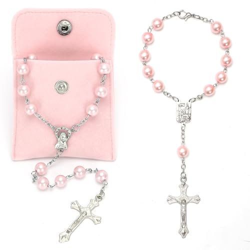QMLING 2 Stück Rosenkranz Kette und Autorosenkranz, Rosenkranz Auto Katholisch mit Kreuz Marienbild, Rosary mit 2 Knopfbeuteln, Gebetskette Christlich für Gebete Geschenke (Rosa)