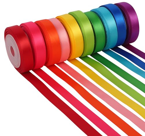 LeisuDay 10 Rollen Satinbänder, 10mm Schleifenband Geschenkband Seidenbänder Stoffband Satin Rolle Bänder zum Basteln (Leuchtend Bunt/ 10 Farben x 4,5M)