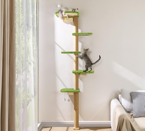 Tiragraffi a parete alto 210 cm, colonna tiragraffi a 5 piani in legno naturale con morbido tessuto di peluche verde, parete per gatti per arrampicata, graffi e giocare