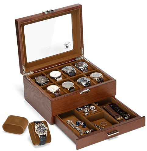 Slege Boîte à Montres en Bois,8 Emplacements avec Tiroir de Valet,Fabriqué à Main,Boîte de Rangement pour-Cave à Montre pour Homme et Femme-Boîte à bijoux avec couvercle en verre,Support de montre