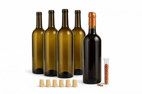 Taninea Botellas Cristal Vacías para Vino 750 ml Ámbar/Canela con Corcho Cónico Natural y Lacre – Pack 6 – Tipo Bordelesa – Reutilizables para Vino Casero, Licores, Aceites y Vinagres