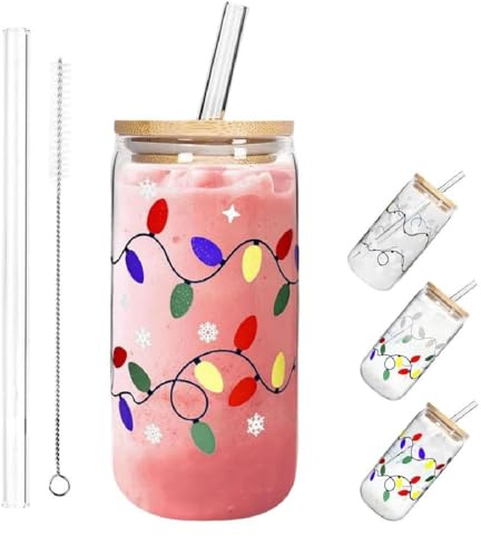 Color Changing Christmas Cup, Christmas Color Changing Glass Cup, Reusable Xmas Cup with Lids and Straws, 350ml Glass Coffee Cups for Iced Coffee Cold Water, Xmas Party Decoration Gifts (A)