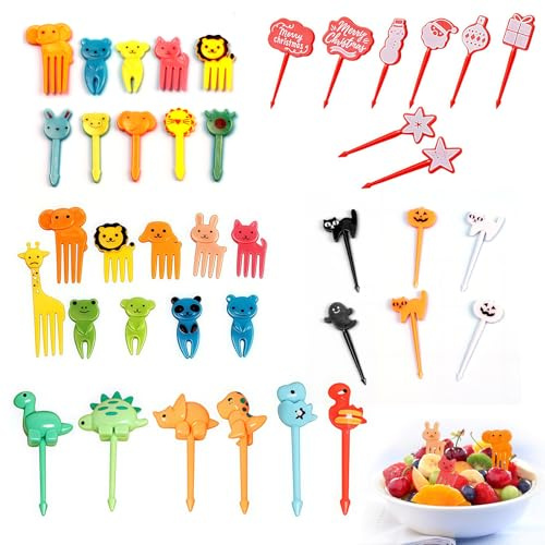VYNZOR 40 Pezzi forchettine da frutta bambini Finger Food Bambini Mini Cartoon Bento Frutta Forchette Stuzzicadenti Per forchette Bambini Cibo Torta Picks Frutta Bambini Festa Halloween Natale