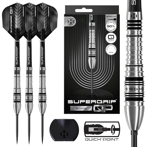 Harrows SuperGrip QP Bomb 90 % volframdartpilar | Stålspetspilar set med Quick Point Change-system | Finns i 23 g och 25 g | Inkluderar supergreppshafts och 100 mikron flygningar (23 g)