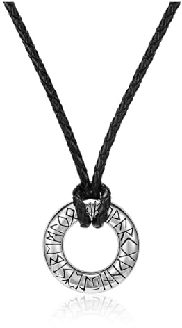PiercingJak Herren Halskette Wikinger Runen Kette Schwarz Geflochtene Lederkette mit Edelstahl Talisman Kreis Anhänger Nordischer Glück Schmuck Geburtstag Geschenke für Männer Damen