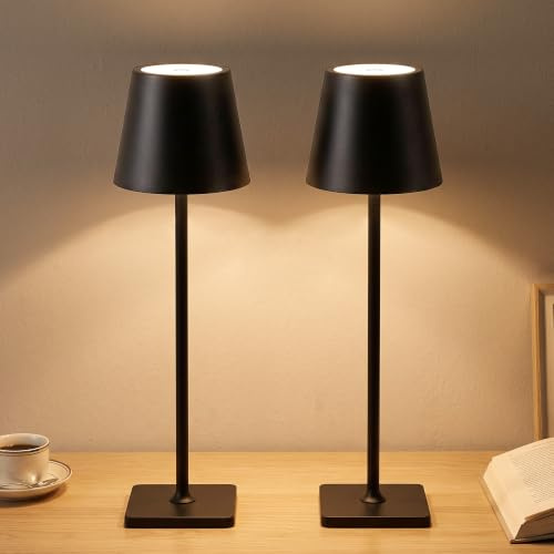 ROTTOGOON Tischlampe Kabellos 2 Stück Akku Tischleuchte mit USB-C Aufladbar | 5000mAh LED Lampe, Touch Dimmbar 2700K-6500K, Metall IP44 Wasserdicht, für Outdoor Esstisch Schlafzimmer Camping, Schwarz