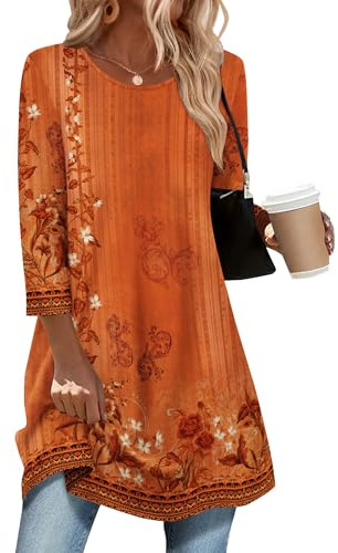 Zeagoo Womens 3/4 Sleeve Tops Casual Tunic Blouses Elegant Crew Neck Shirts | Ladies Floral Top Basic Longline Blouse S-3XL