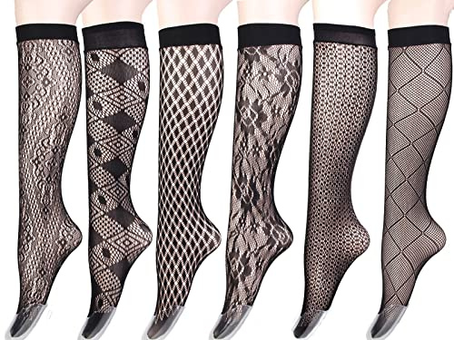 ECOSCO Women's Stay Up Knee High Patterned Trouser Socks Fishnet Stockings Black 6 Pairs (B)