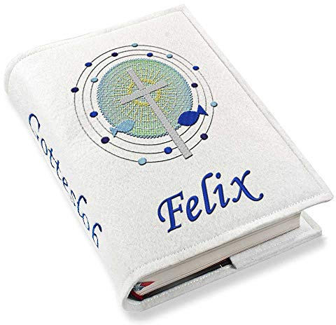 Gotteslob Gotteslobhülle Kreuz Fische Punkte blau Kunstleder mit Namen bestickt weiß (weiß)