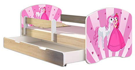 ACMA Kinderbett 140x70 Jugendbett mit Einer Schublade und Matratze, Farbe Sonoma mit Rausfallschutz Lattenrost II Spielbett Kinderzimmer Möbel, 08 Princess