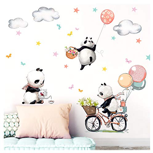 Little Deco Wandtattoo Drei Panda mit Fahrrad Blumen & Luftballons DL470