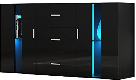 Panana 3 Drawer 2 Door,TV Unit 135 cm Home Furniture Stand Sideboard Matt body High Gloss Front LED Light (Black)