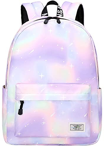 Lohol Leichter Schulrucksack für Mädchen, Kinder-Schulranzen-Rucksack mit Galaxie Aufdruck (Grün&Lila)