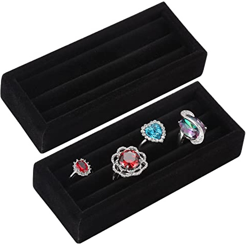 Valyria Organizador de anillos pequeños de terciopelo con 2 ranuras, juego de 2 bandejas para aretes, expositor, soporte de almacenamiento para joyero, cajón, cómoda