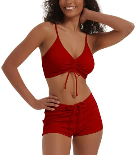 Meioro Traje de baño Sólido Conjuntos de Bikinis para Mujer Bikini Sets Corto con Lazo en la Parte Delantera Ropa de Playa de Dos Piezas Trajes de Baño Atléticos