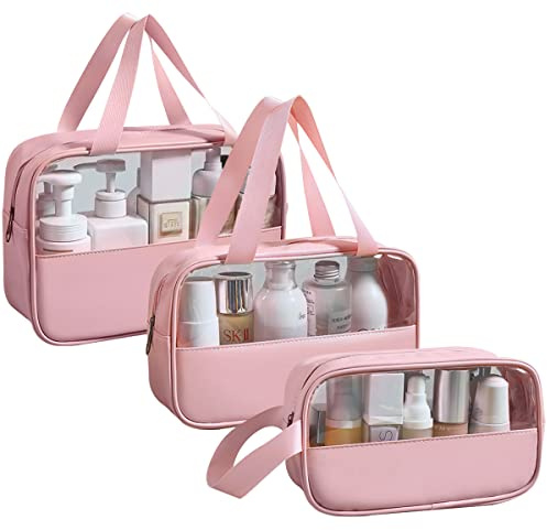 Mikytoper Transparente Kulturbeutel 3 Stück, PVC wasserdichte Spleiß-Kosmetiktasche, große Kapazität Handheld Make-up Tasche, Reise Make-up Taschen für Männer und Frauen, rose, Moderne Nähte