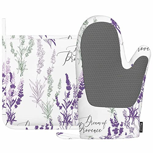 Mxocom Lavendel-Ofenhandschuhe und Topflappen-Sets, Dream of Provence, Schriftzug, Vintage, botanisch, florales Silikon, hitzebeständig, Küche, Ofenhandschuhe, Topflappen zum Kochen