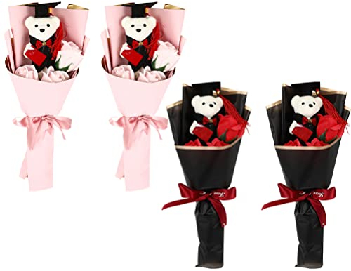 LOGOFUN 4 x Plüsch-Bär-Rosen, Blumenstrauß, künstliche Blumenarrangements für Abschlussfeier 2025, Partyzubehör