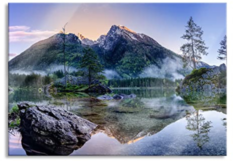 Pixxprint Glasbild, Wandbild aus Echtglas, Sonnenaufgang am Hintersee, 100x70 cm, inkl. Aufhängung und Abstandshalter