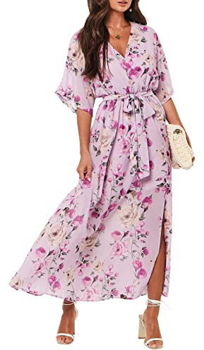 ANRABESS Womens 1/2 Sleeve Beach Wedding Guest Maxi Dresses 2025 Fall Wrap V Neck Boho Floral Flowy Slit Long Summer Dresses Floral Purple Medium