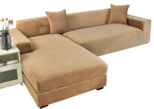 GUYIRT Strecken Sofabezug L Form Samt, L Form Sofa überzug 2 Stück Couchbezug L Form Weicher Möbelschutz Mit Elastischem Boden Für Hunde Und Katzen -Khaki-4+3 Sitzer
