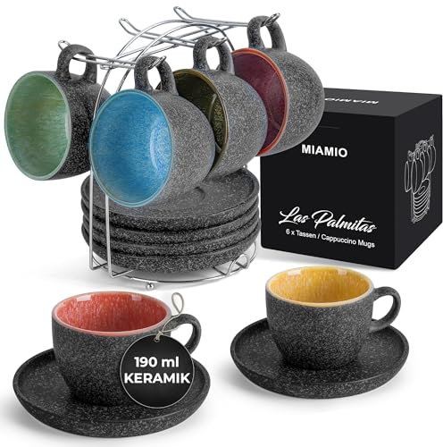MIAMIO - Tazza per cappuccino impilabile in ceramica da 190 ml con piattini e supporto in metallo - Set di 6 tazze per cappuccino in gres per bevande speciali a base di caffè - Collezione Las Palmitas
