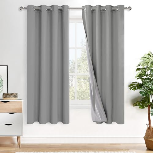 XWZO Full Shading Blackout Curtains 72 Inches Length - Heat and Light Blocking Ring Top Window Drapes with Black Liner Backing for Bedroom Sewn with Tiebacks, Light Grey, W52 x L72, Set of 2