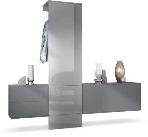 Vladon Garderobe Carlton Set 1, Made in Germany, Flur-Garderobe aus Deko-paneel, Schubladen-Kommode & Schuhschrank, Anthrazit matt/Grau Hochglanz (209 x 193 x 35 cm)