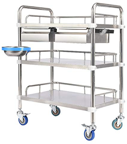 Medizinischer Wagen aus Edelstahl mit Zwei Schubladen und DREI Ebenen, mobiler Therapiewagen, Traglast 330LB, OP-Wagen, 360° drehbare Räder