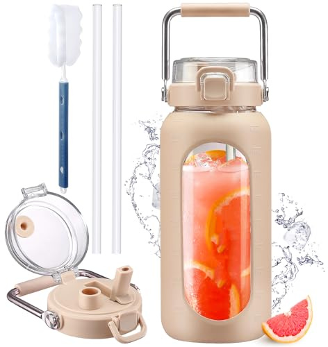 HYDRAGLAZIC 2L Verre Gourde avec paille et marqueur de temps Motivationnel Bouteille avec manchon en silicone Large bouche Borosilicate Cruche d'eau Sans BPA Anti-fuite, Ambre