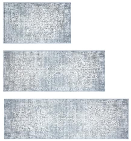 MELAJIA Kitchen Rugs Set of 3 Non Slip Washable Mats - 3 Piece Set Grey Boho Mat Set - Kitchen Runner Rug Carpet (50x80cm+50x120+50x150cm)