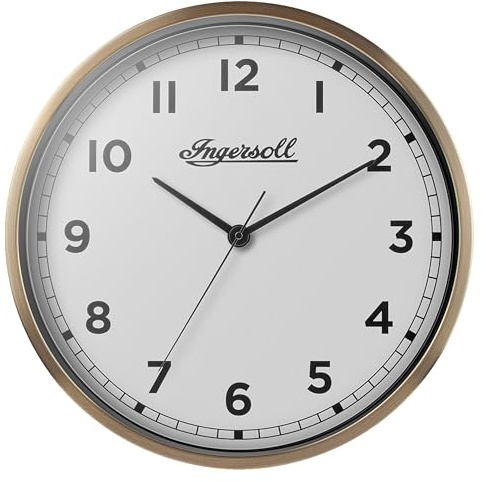 Ingersoll Analoge Wanduhr, leicht ablesbar, 45cm Durchmesser in goldfarbenem Gehäuse mit weißem Zifferblatt